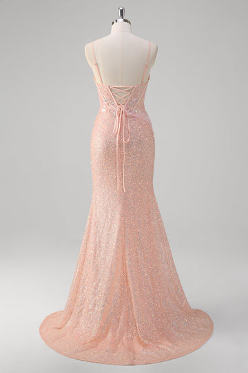 Blush Mermaid Spaghetti Straps Corset Sequined Long Prom Dress